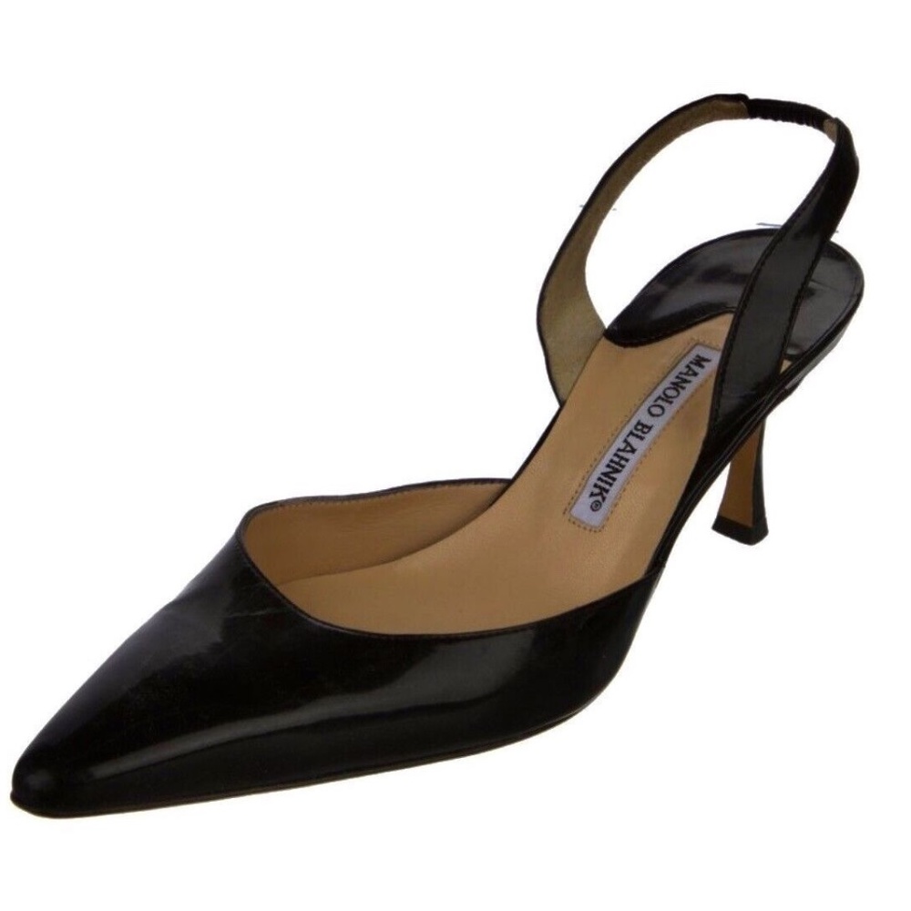 Black patent leather Manolo Blahnik 3.25-inch slingback heels in size 39.5, 9.5
